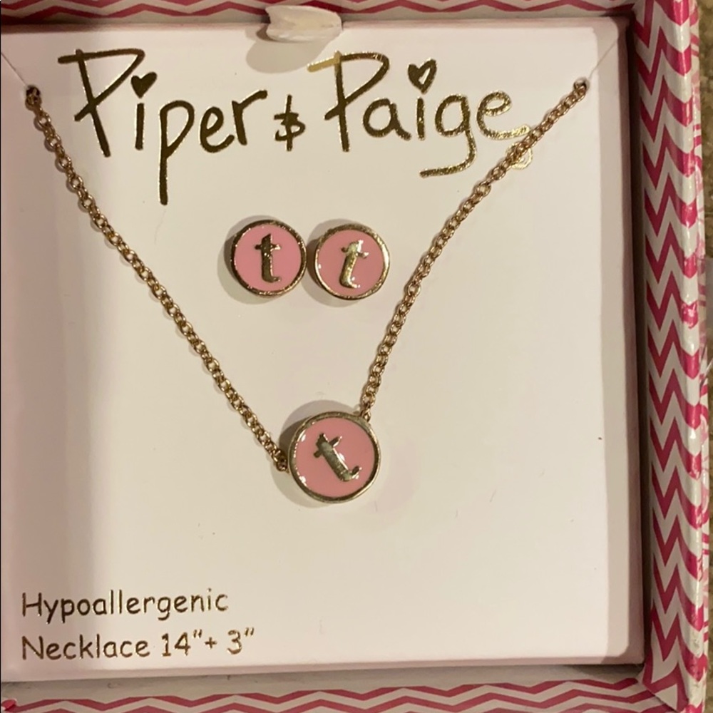~Piper & Paige~ “t” Initial Stud Earrings & Necklace